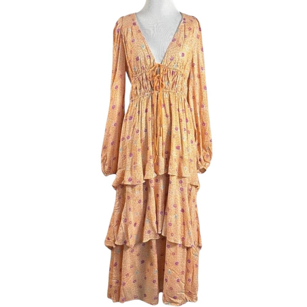 Free People Bohemian Gypsy Tiered Ruffle Maxi Dress Size Large Plunge Billowy - Picture 7 of 13